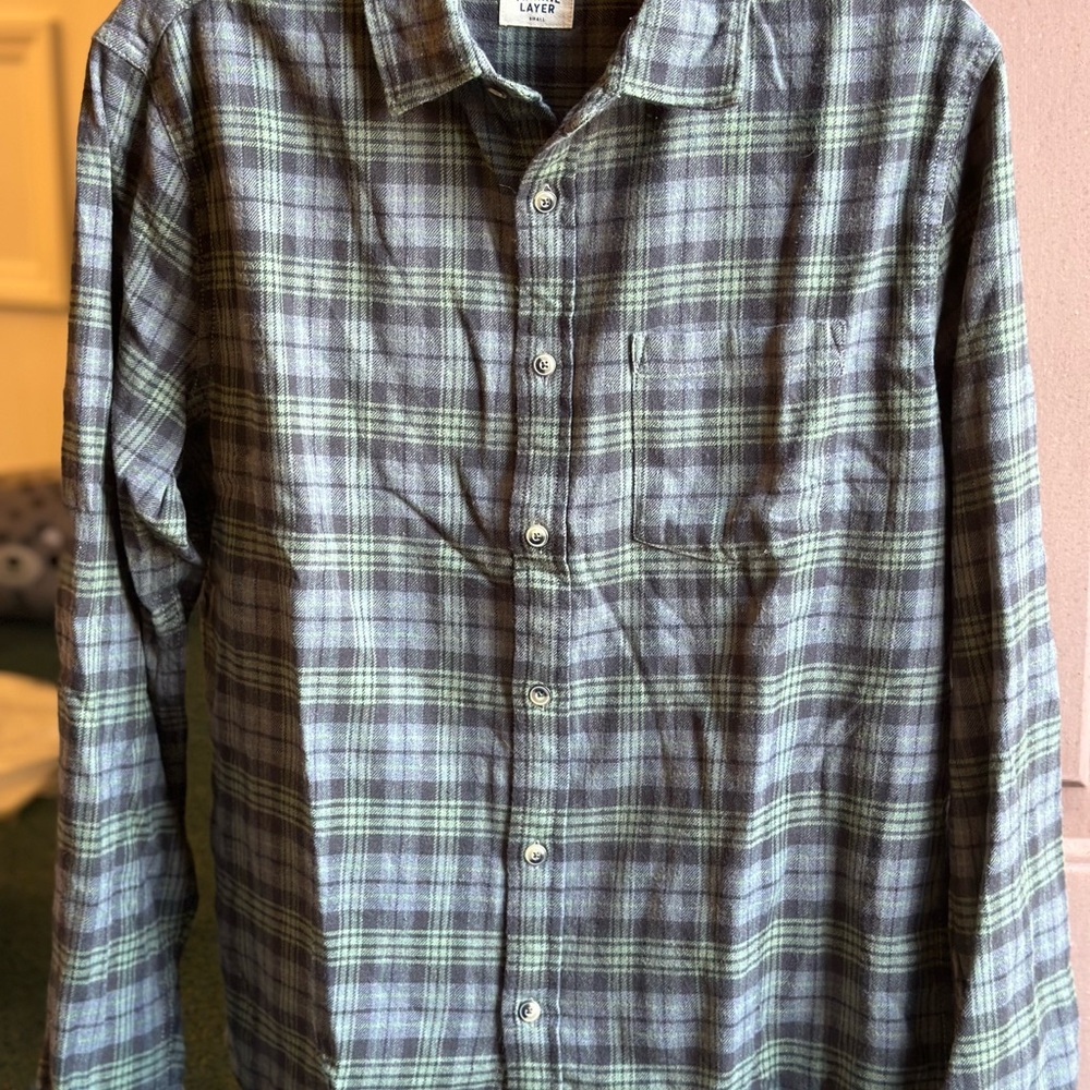 Marine Layer Flannel Green and Gray Plaid Button Down Shirt